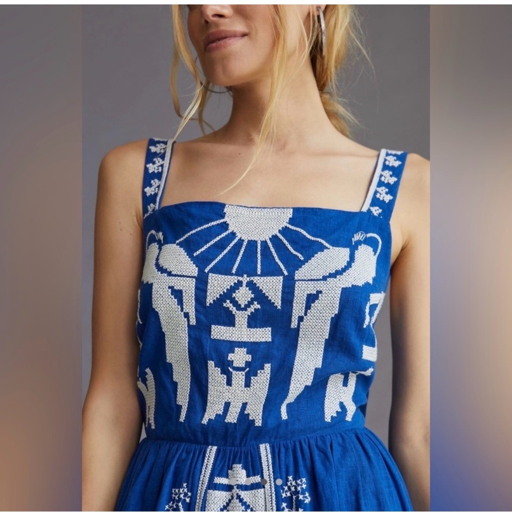 Farm Rio Blue Macaw Embroidered Backless Midi Dress NWT– Size XL - Picture 4 of 11